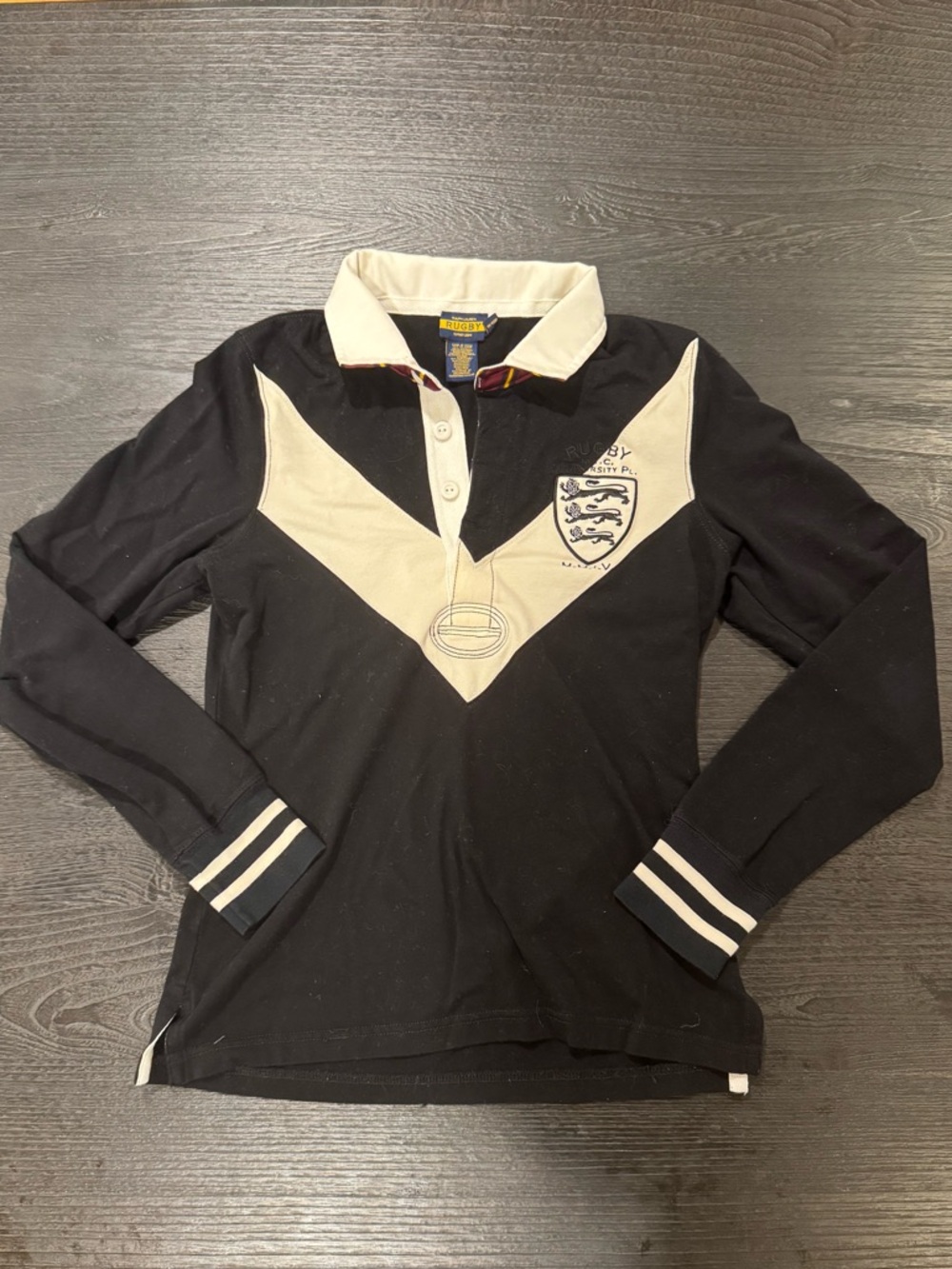 Ralph Lauren Black and Cream Long-Sleeve Rugby Polo